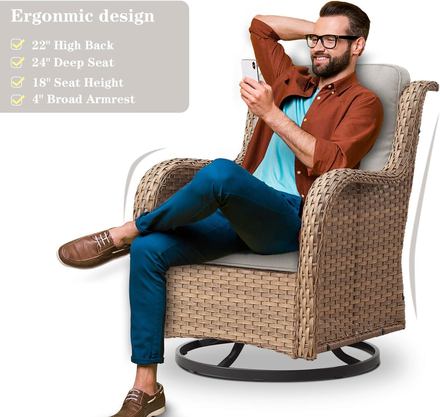 4 Pieces Patio Furniture Sets, Wicker Patio Swivel Glider Chair with Ottomans, Outdoor Furniture Set for Outside Porch, Deck, Balcony, Garden, Yellow