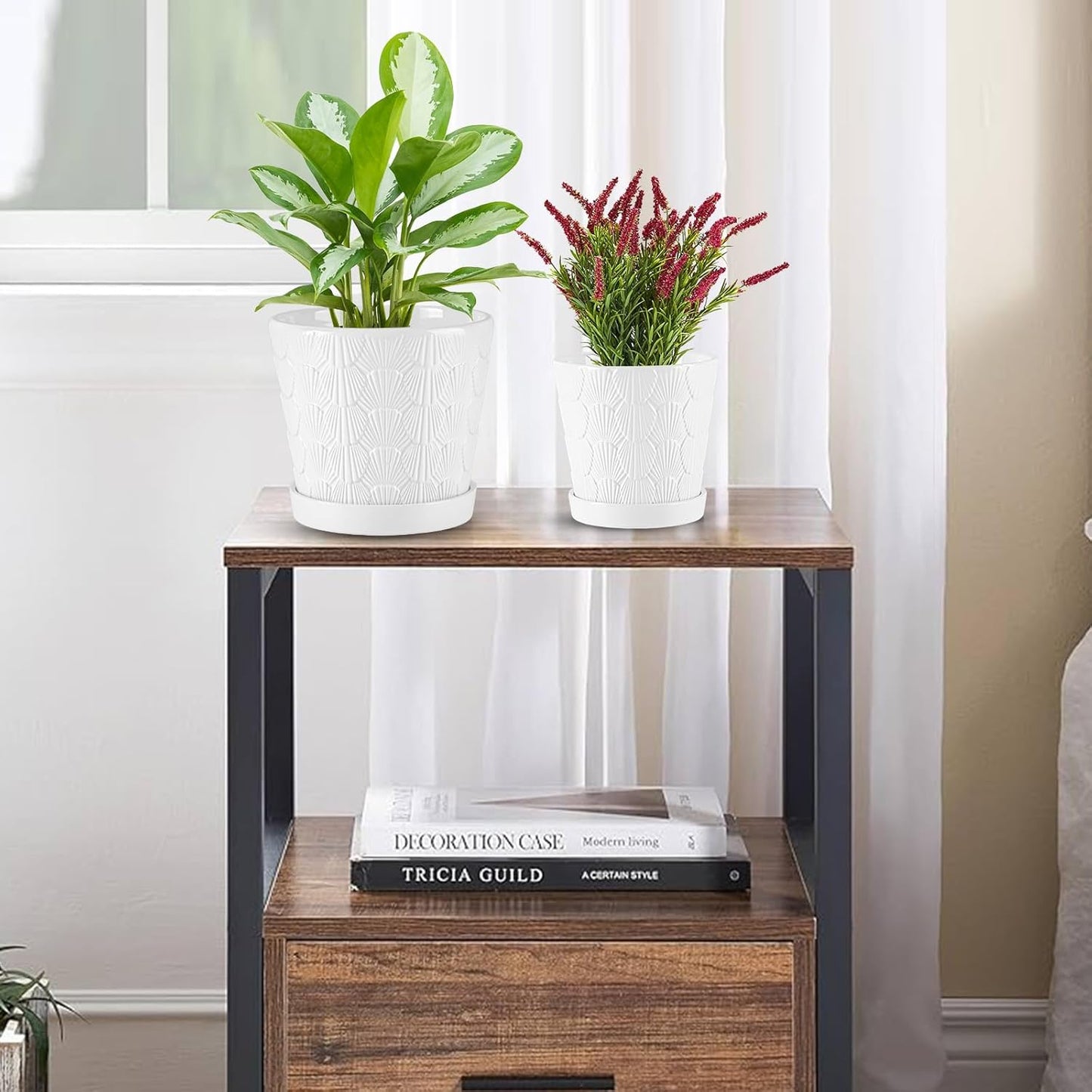 EFISPSS Ceramic Plant Pots, 5+6 Inch Pots for Indoor Plants, Planters with Drainage Holes and Tray, Modern Flower Pots Gardening Home Desktop Office Windowsill Decoration Gift Set of 2 - White