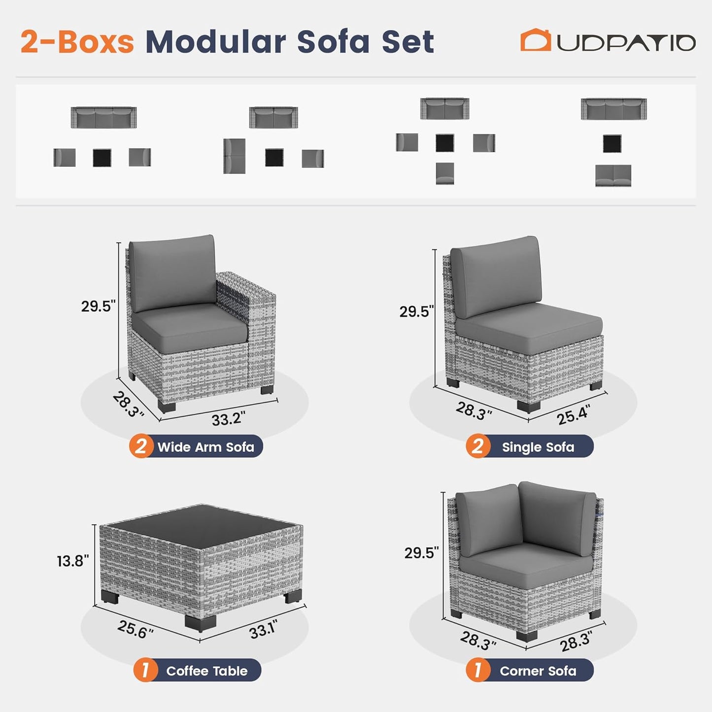 UDPATIO Patio Furniture Set, 8 Inch Armrest Outdoor Sectional Sofa, 6 Piece Wicker Outdoor Furniture Conversation Sets with Waterproof Cover and Coffee Table for Backyard Deck(Grey/Dark Grey)