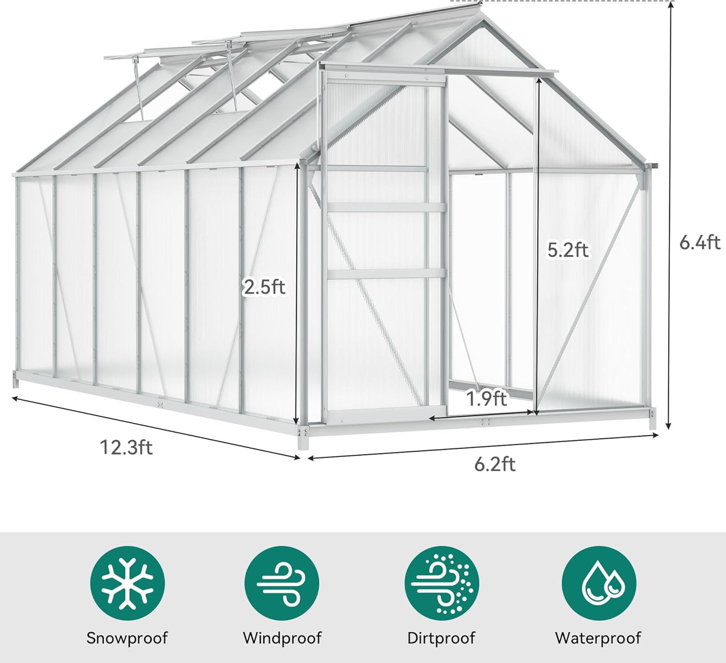 YITAHOME 12x6FT Polycarbonate Greenhouse Large Heavy Duty Green Houses Outdoor Aluminum Greenhouses with Sliding Doors Vent Window Walk-in Greenhouse for Garden Backyard, Silver