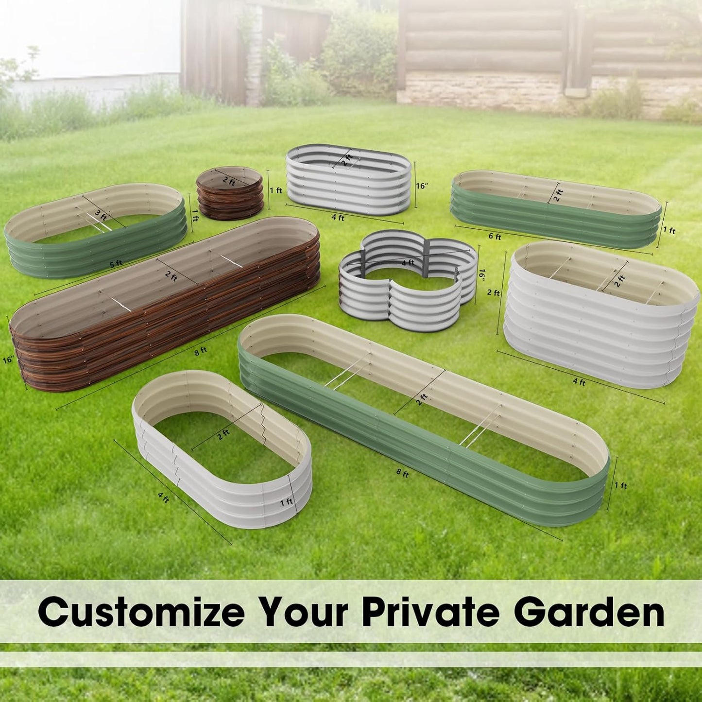 8x2ft Oval Galvanized Raised Garden Bed Kits 16" Tall Outdoor Large Metal Modular Planter Box 9-in-1 Raised Beds for Gardening,Vegetables,Fruits,Flowers & Herbs (White)