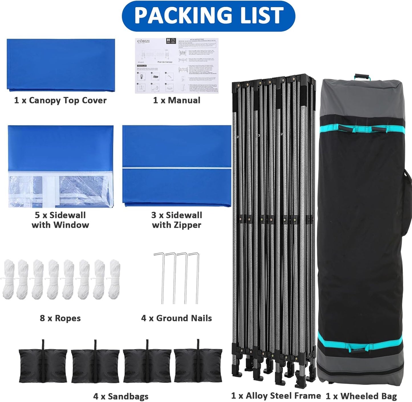 COBIZI 10x30 Pop Up Canopy with 8 Sidewall,Heavy Duty Canopy UPF 50+ All Season Wind Waterproof Commercial Outdoor Wedding Party Tents for Parties Canopy Gazebo with Roller Bag(10 x 30 ft Blue)