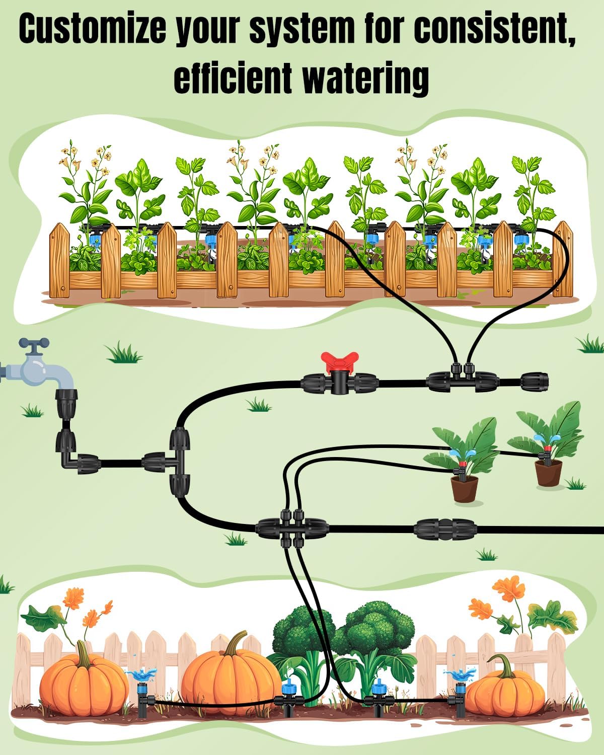Pawfly 15 Pcs Drip Irrigation Fittings for 1/2 Inch Irrigation Tubing (1/2" ID x 0.64" OD), 1/2" Drip Line T Connectors with Anti-Drop Lock Nuts, Barbed Tees for Garden Irrigation System