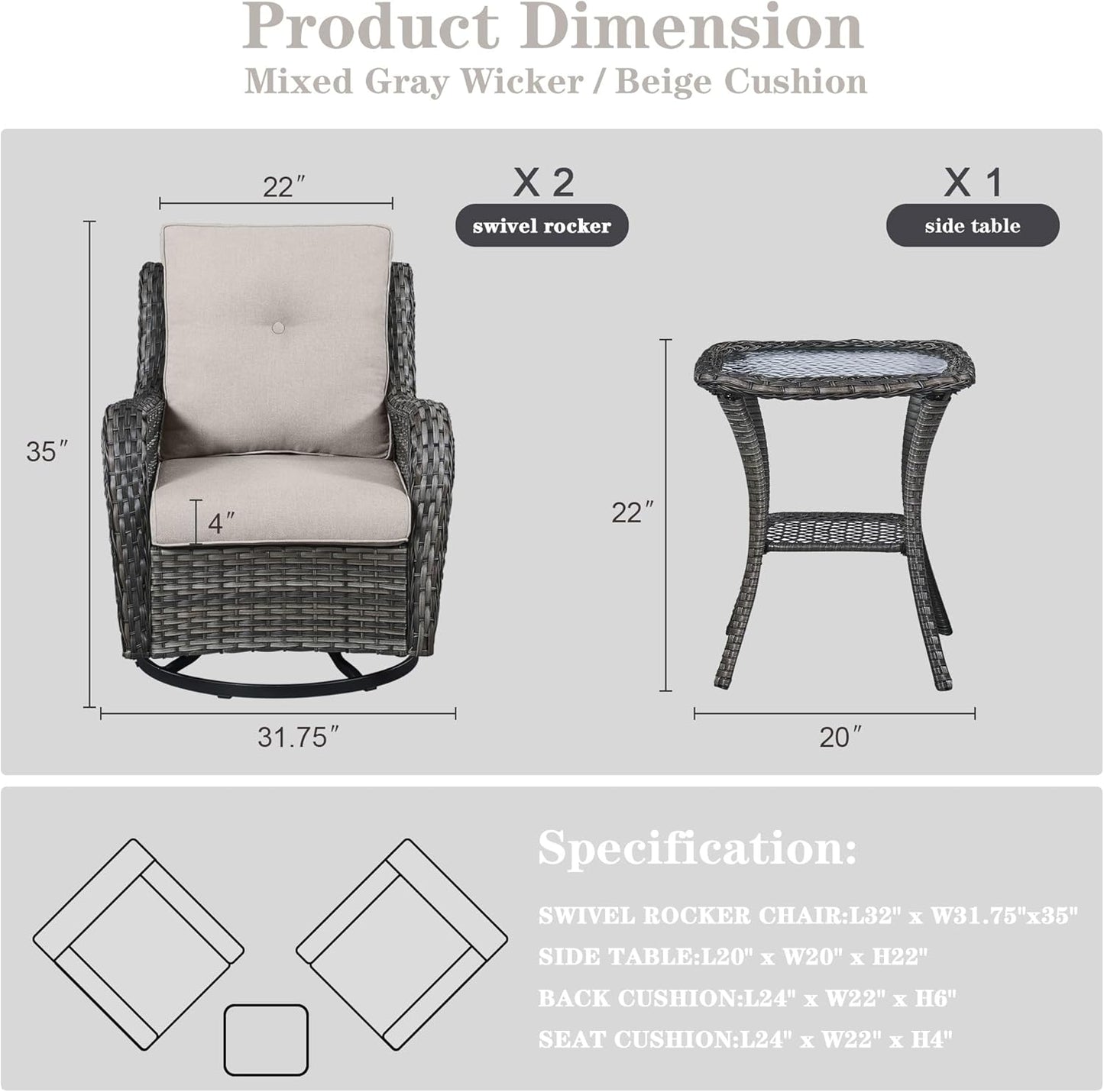 3 PCS Patio Furniture Set - Mixed Grey Wicker Swivel Rocking Chairs with Side Table, Furniture Set for Outdoor