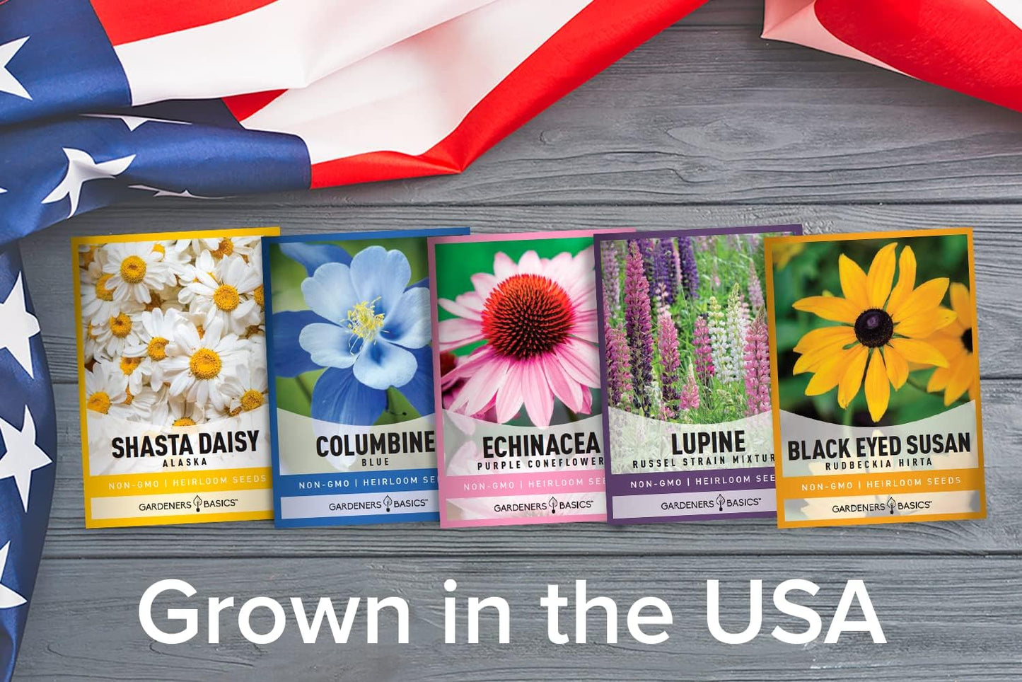 Gardeners Basics, Perennial Flower Seeds for Planting Outdoors (5 Variety Pack) Lupine, Columbine, Echinacea Purple Coneflower, Black Eyed Susan, Shasta Daisy for Pollinators Wildflower Seed