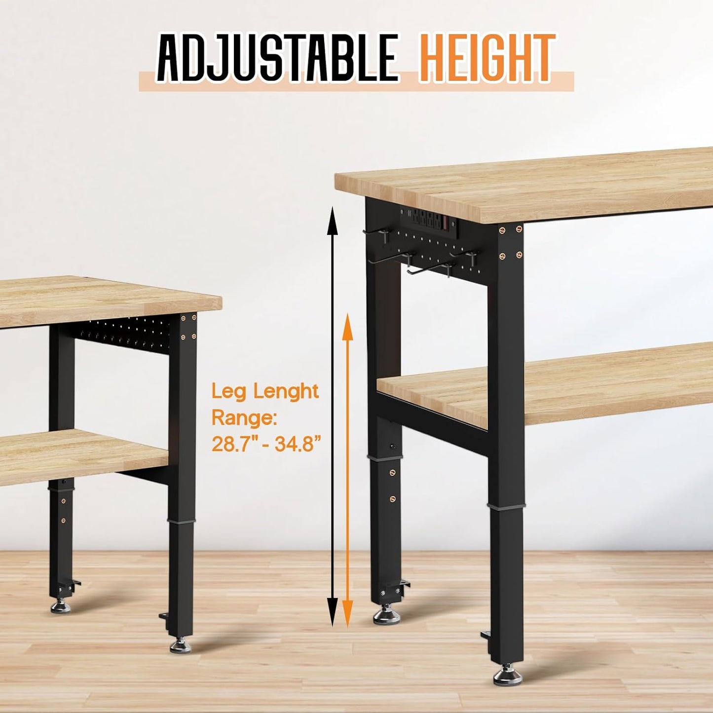 Albott 84" Adjustable 2-Tier Workbench with Solid Wood Top, Max 2000lbs Capacity, Built-in Power Strip with 4 AC Outlets & 2 USB Ports, Pegboard & 20 Hooks, Shop Garage Office