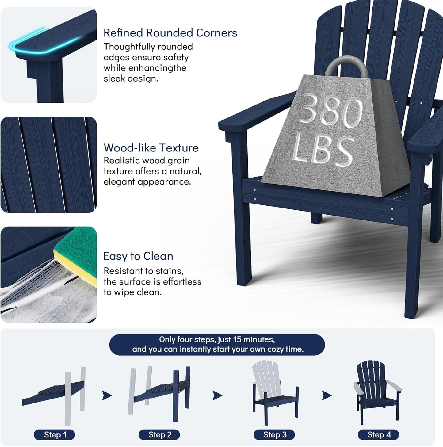 Stackable Adirondack Chair, HDPE Outdoor Patio Chair - Durable and Space Saving, Suitable for Porches, Lawns or Garden, Navy