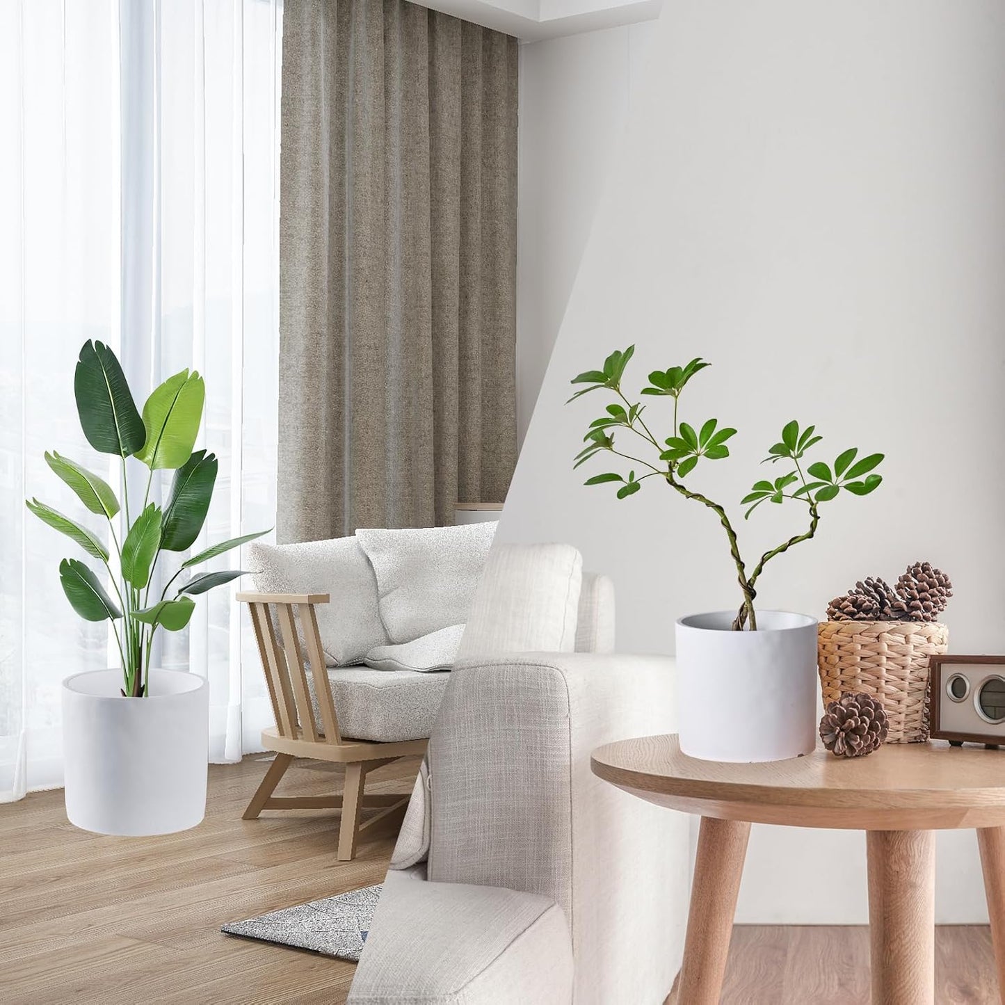 8 Inch Pot for Plants, Large Cement Planter with Drainage Hole, Mid-Century Modern Concrete Flower Pots for Home Decor, Office & Outdoor (White)