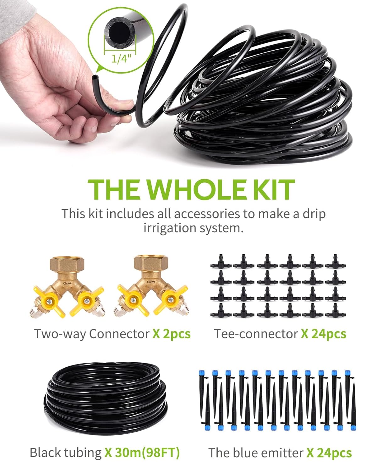 HIRALIY 100ft Drip Irrigation Kit Plant Watering System 8x5mm Blank Distribution Tubing DIY Automatic Irrigation Equipment Set for Garden Greenhouse Flower Bed Patio Lawn