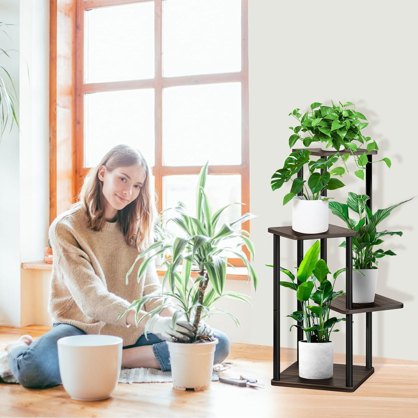 4 Tier Wood Tall Plant Stand Metal Rack Indoor, Multiple Flower Pot Holder Shelves Corner Rack, Planter Shelf Display Rack Storage Organizer for Patio Living Room Balcony Garden(Black Oak)