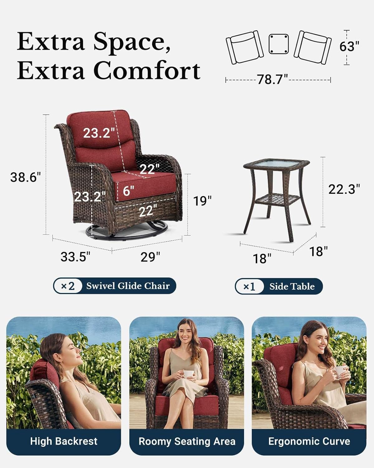 HILLGA Luxury Patio Furniture Set with 6-inch Thick Cushion, Outdoor High Back Swivel Rocker Patio Chairs, 3PCS Wicker Conversation Set for Deck Yard and Poolside, Burgundy (V2)