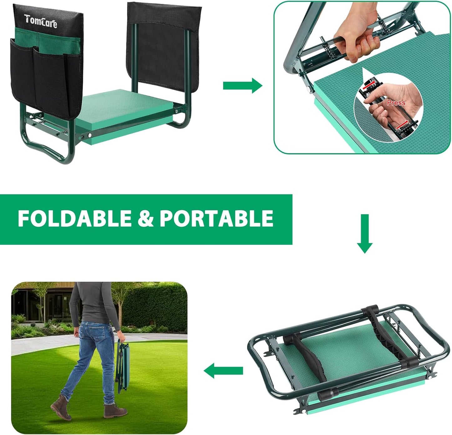 TomCare Garden Kneeler and Seat 10.64” Wider Larger Soft Kneeling Pad Garden Bench with 2 Large Tool Pouches Heavy Duty Garden Stool Foldable Tools Gardening Gifts for Women Men Gardeners