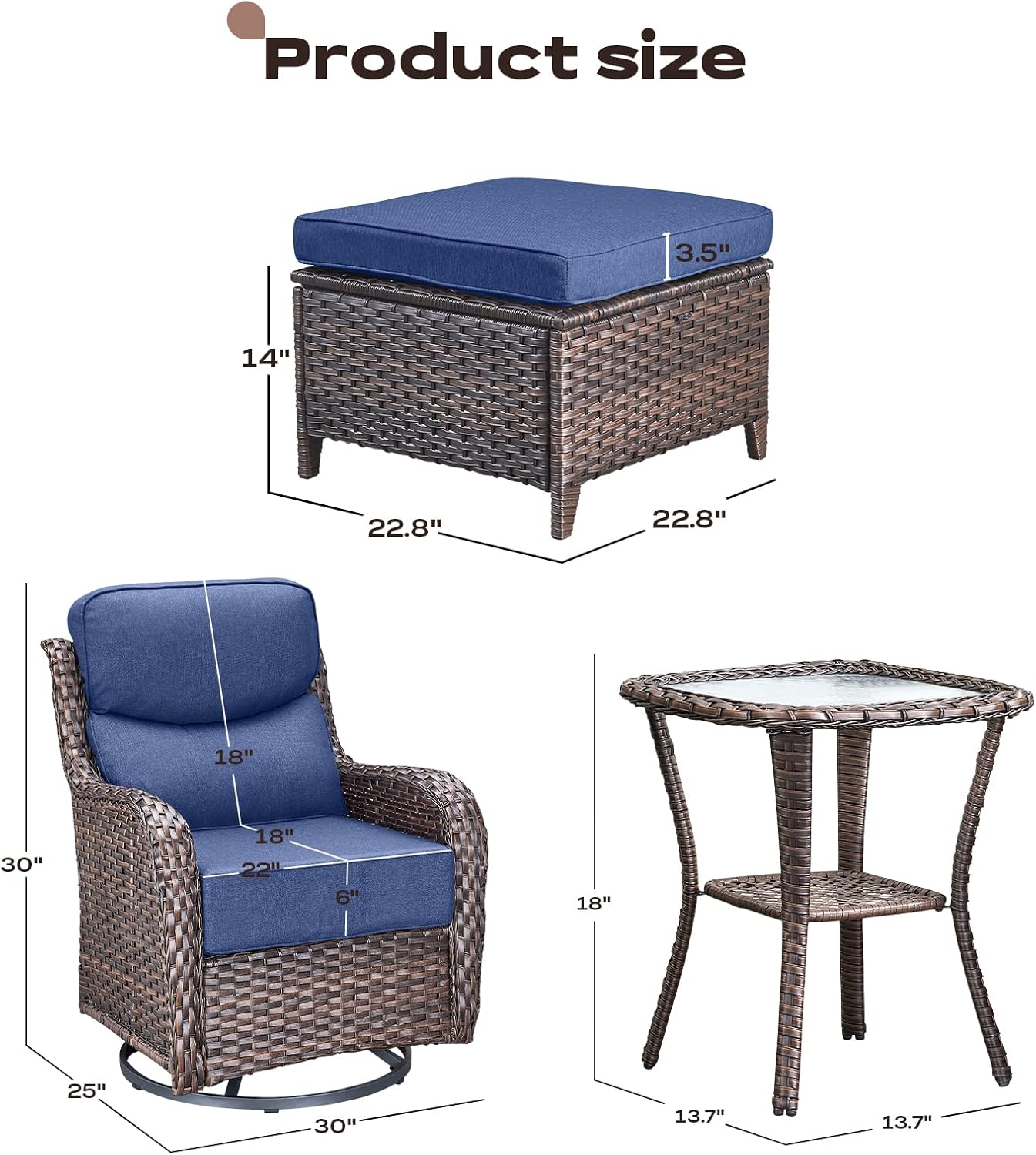Wicker Outdoor Patio Furniture Set - 5 Piece Patio Conversation Sets with Swivel Rocker Chairs, Ottomans and Side Table, 6 inch Cushions, Waterproof Wicker, for Porch Deck Brown/Blue