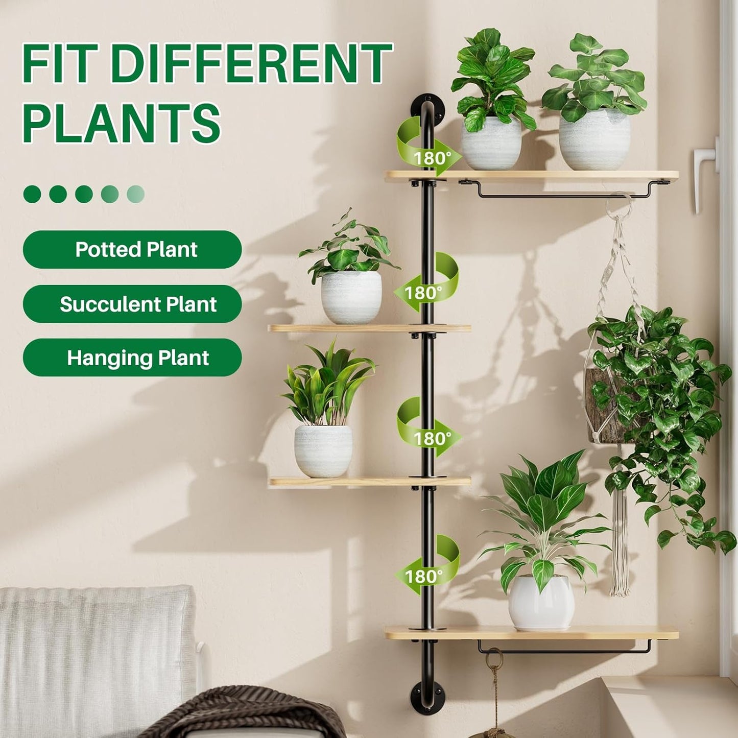 DELLAN Rotating Window Plant Shelves, 4-Tier Plant Shelf for Window, Wall Mounted Indoor Hanging Plants Shelf, Windows Sill Plant Shelf Wall Mounted