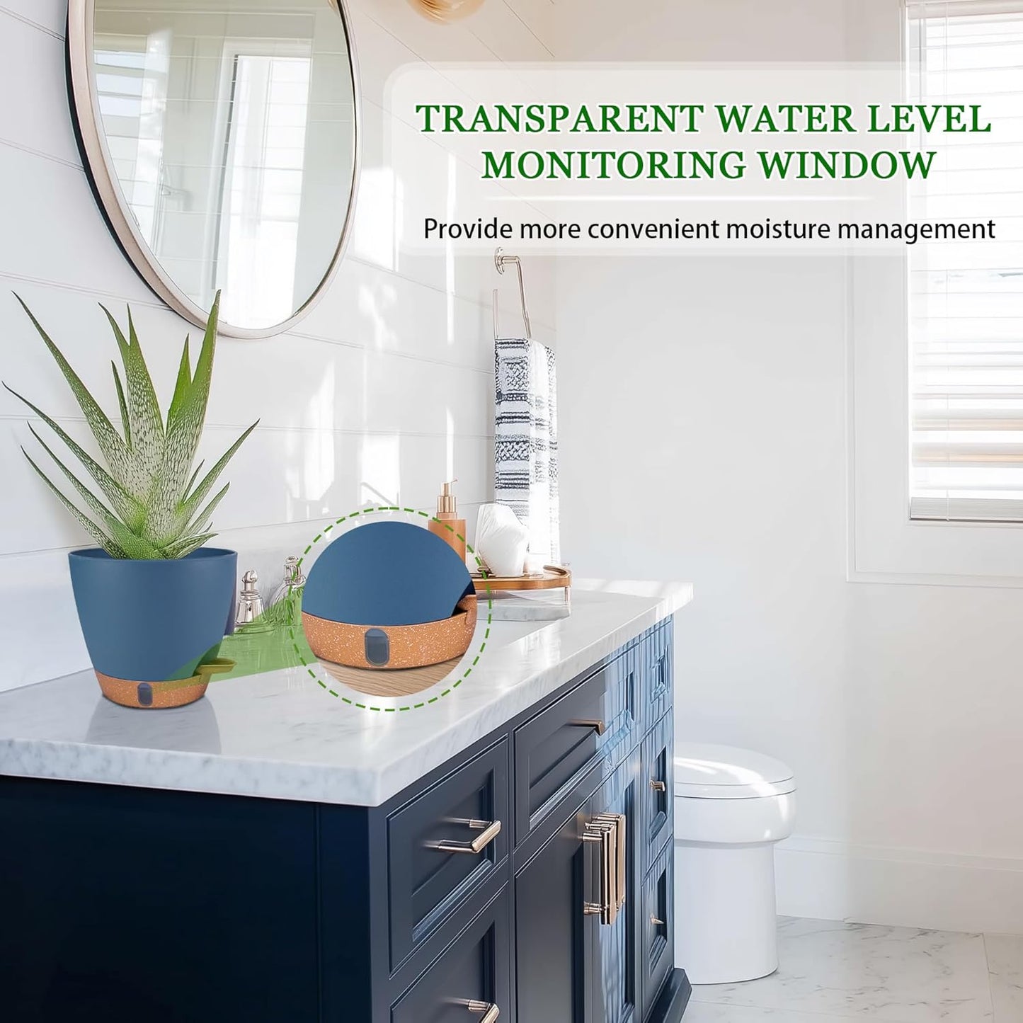 2 Pack 8 inch Plant Pots, Plastic Self Watering Planters with Drainage Holes, Deep Reservoir, Water Level Indicator, Modern Decorative Flower Pots for Indoor Outdoor Plants (Navy Blue, 8 inch)