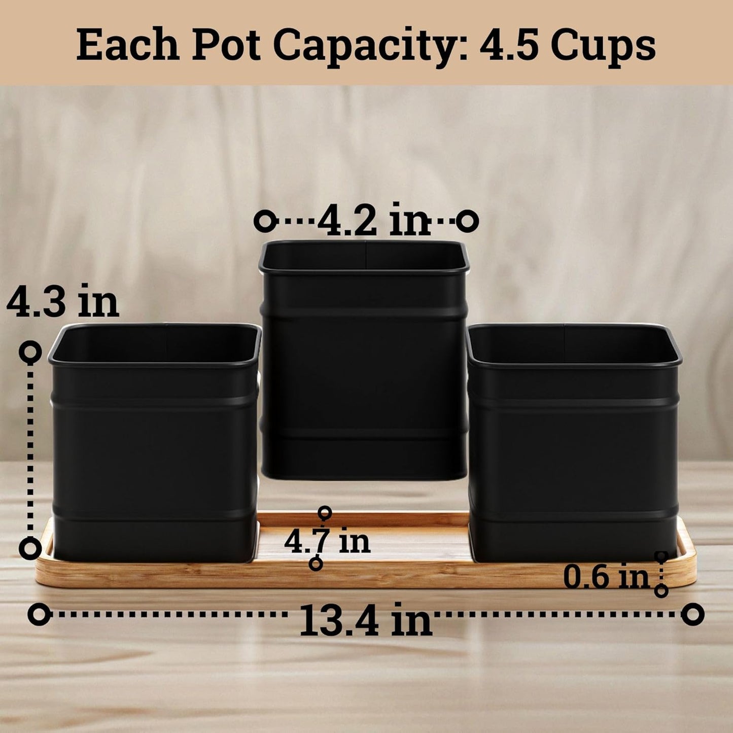 Herb Planter Indoor - 3 Iron Herb Pots with Drainage Holes, Varnished Bamboo Tray, Customizable Labels & Marker Pen - Indoor Herb Garden Planter - 3 Pots for Herbs - Inside Spice Garden - Basil Pot