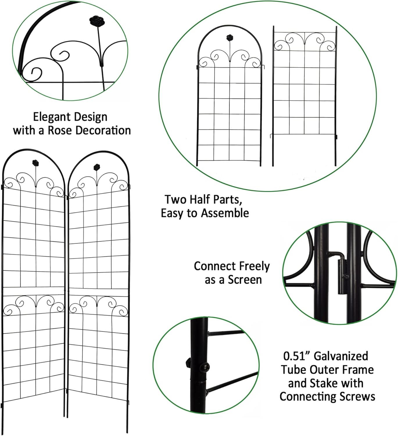 2 Pack Metal Garden Trellis 86.7" H Garden Fence Rustproof Trellis for Climbing Plants Support Roses Flower Outdoor Lawn Black