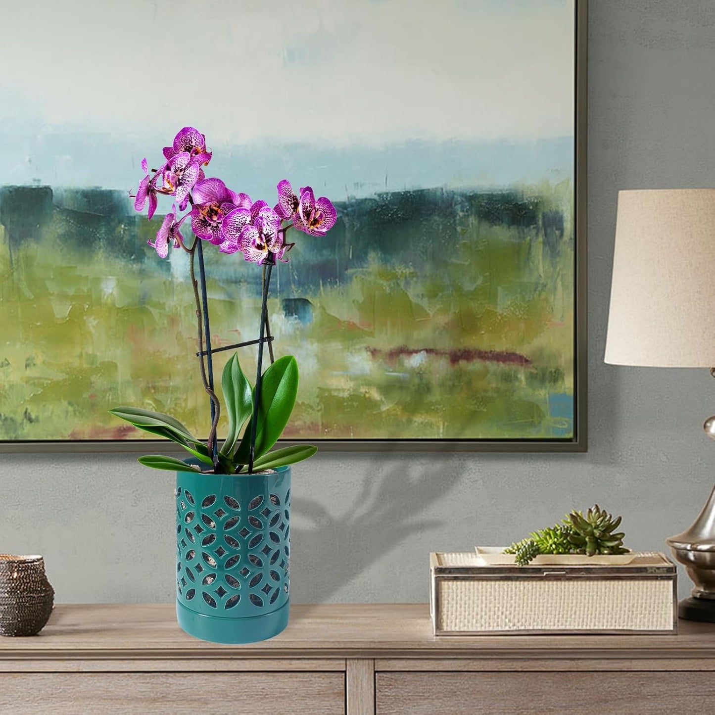 Orchid Pot 4 Inch, Orchid Pots with Holes & Saucers for Repotting, Breathable Slotted Orchid Pots Flower Plant Nursery Pot Green