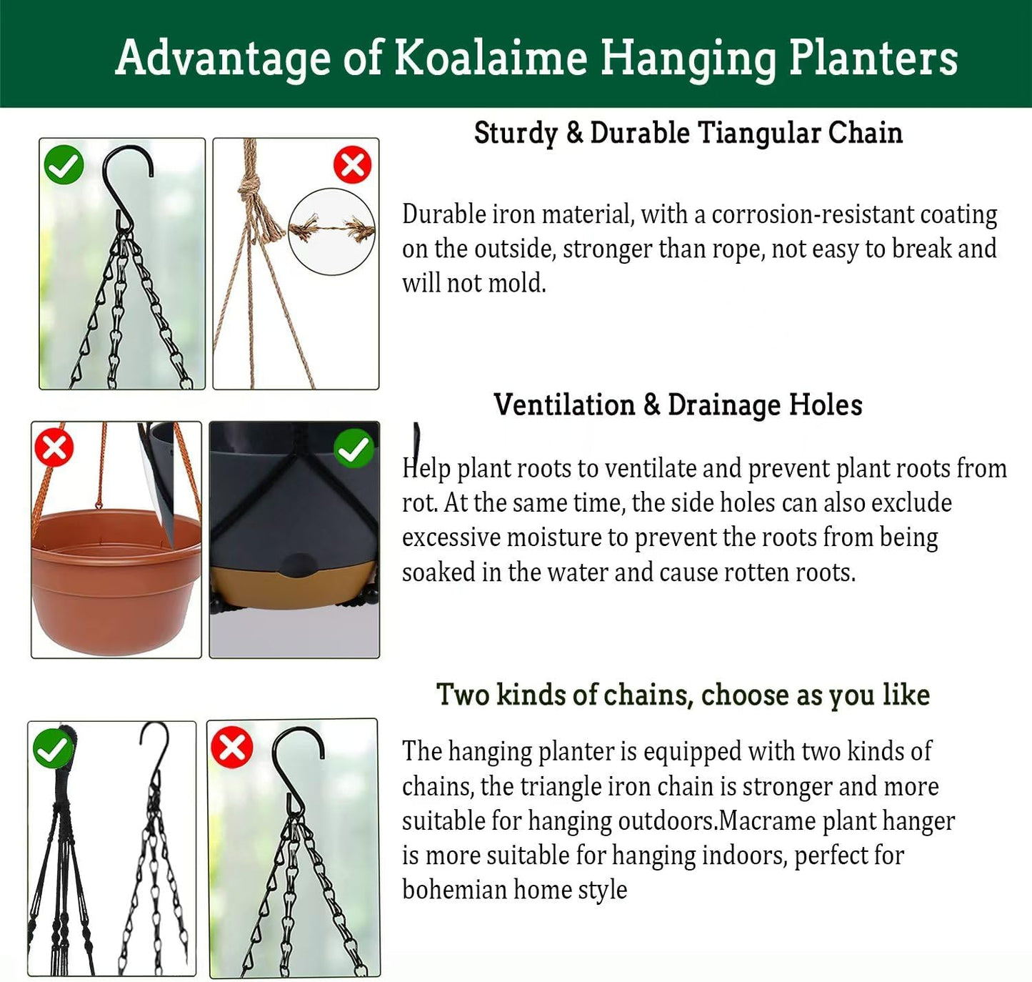 2 Pack Hanging Planters Set,10 Inch Indoor Outdoor Hanging Plant Pot Basket,Hanging Flower Pot with Drainage Hole with 3 Hooks for Garden Home… (Black Hanger Black Planters)