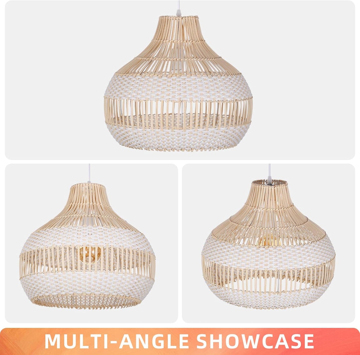 Arturesthome Rattan Chandelier for Kitchen Island,15.72" White Boho Woven Basket Pendant Light,Handmade Wicker Hanging Light for Living Room,Bedroom