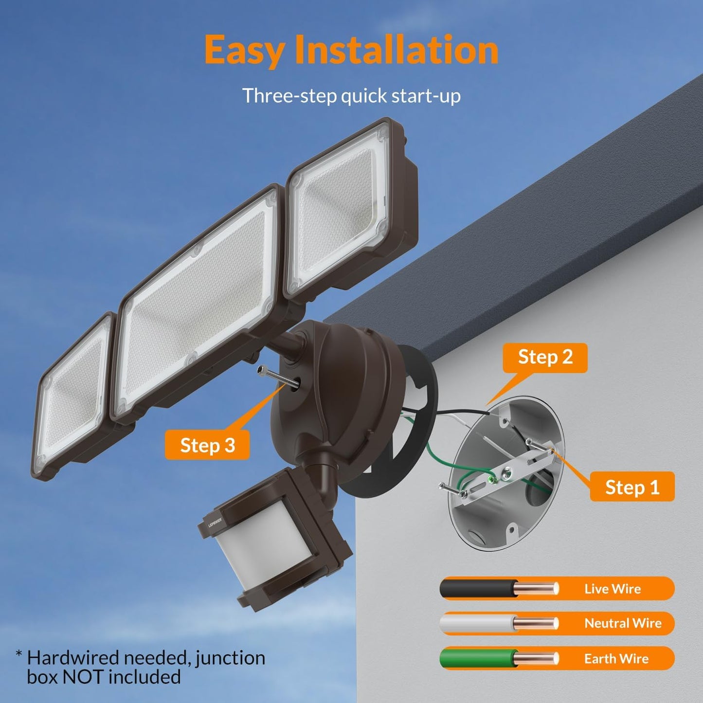 LEPOWER LED Security Light Motion Sensor Light Outdoor, 38W 4200LM Motion Security Light, 5500K, IP65 Waterproof, 3 Head Motion Detected Flood Light for Garage, Yard, Porch (Not Solar Powered, Brown)