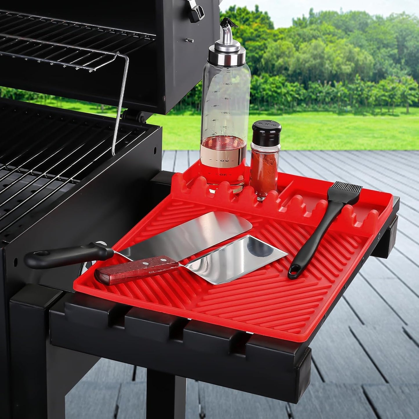 Griddle Mat Barbeque Grill Accessories Tools for Blackstone, Side Shelf Mat Grill Pad for Outdoor Grill Kitchen Counter Spatula Silicone Mat with Drip Pad for Kitchen, Cooking, Countertop (Red)