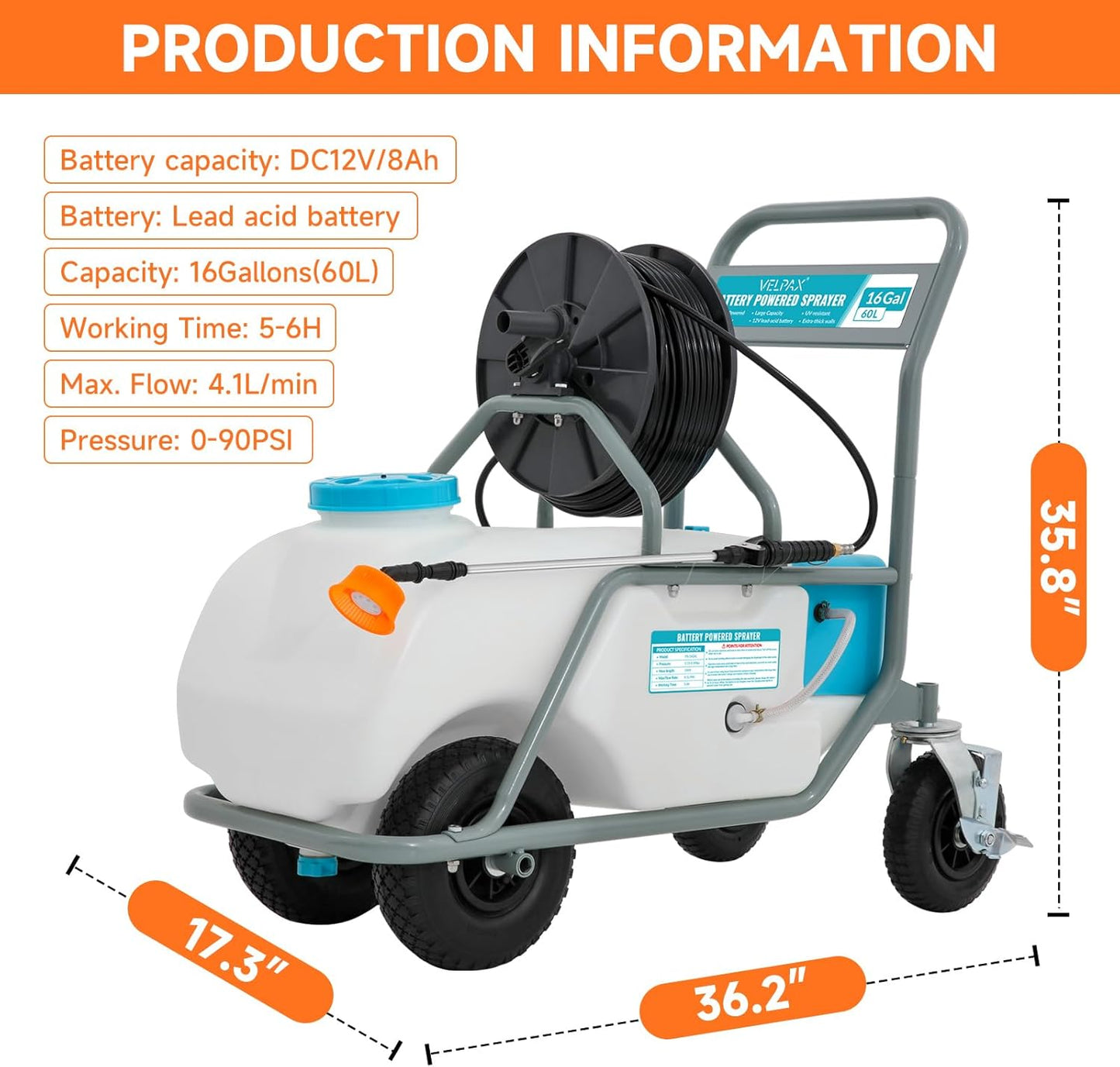16 Gallon Battery Powered Sprayer,90 PSI Electric Pump,6 Hours Long Battery Life,12V 8Ah Battery,Adjustable HD Wand and 10 Nozzles,Portable Sprayer with Wheels for Lawn & Garden Spraying, Cleaning