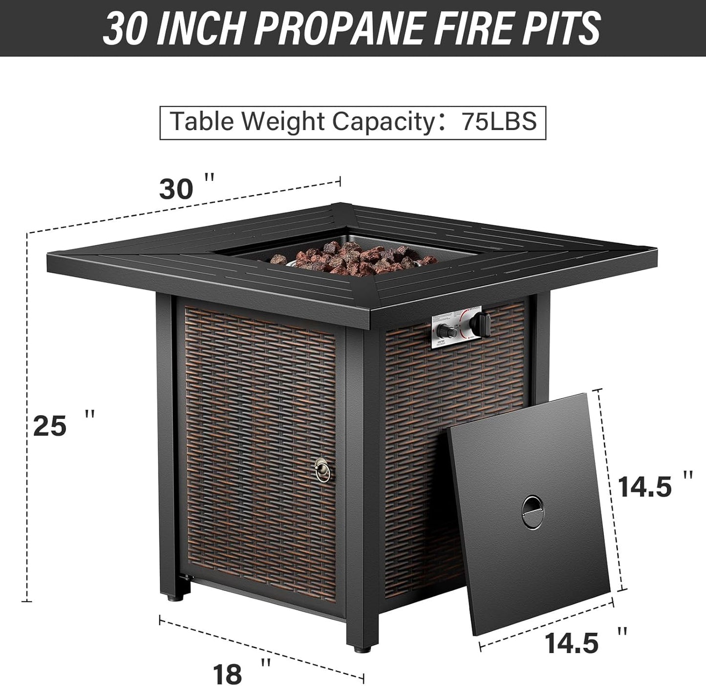 7-Piece Modern Brown Wicker Patio Conversation Set - 4 Swivel Glider Chairs, 2 Side Tables & 30" 50,000 BTU Propane Fire Pit Table