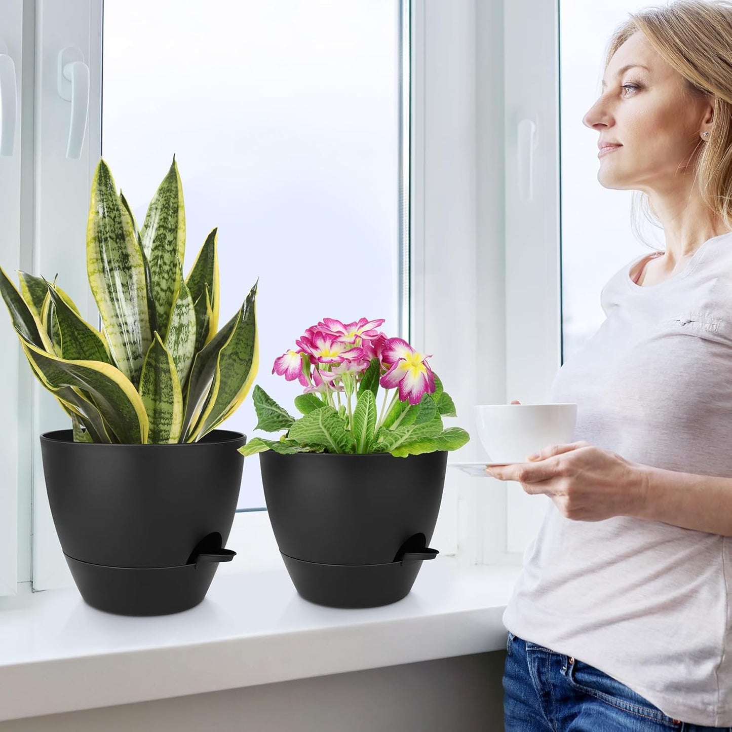 Plant Pots 10/9/8/7.5/7 Inch Self Watering Pots, Set of 5 Plastic Planters with Drainage Holes and Saucers,Plastic Flower Pots,Nursery Planting Pot for Indoor Out Door Plants(All Black)