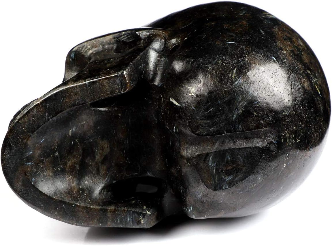 Skullis 5.0" Russian Arfvedsonite Crystal Skull, Hand Carved Gemstone Fine Art Sculpture, Reiki Healing Stone Statue.