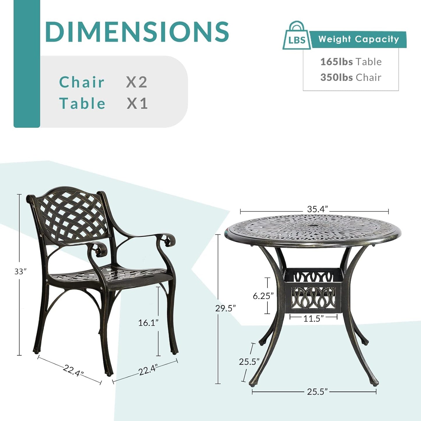 MEETWARM 3 Piece Patio Bistro Set, Outdoor All-Weather Cast Aluminum Dining Furniture Set Includes 2 Chairs and a 35.4” Round Table with Umbrella Hole for Garden Deck