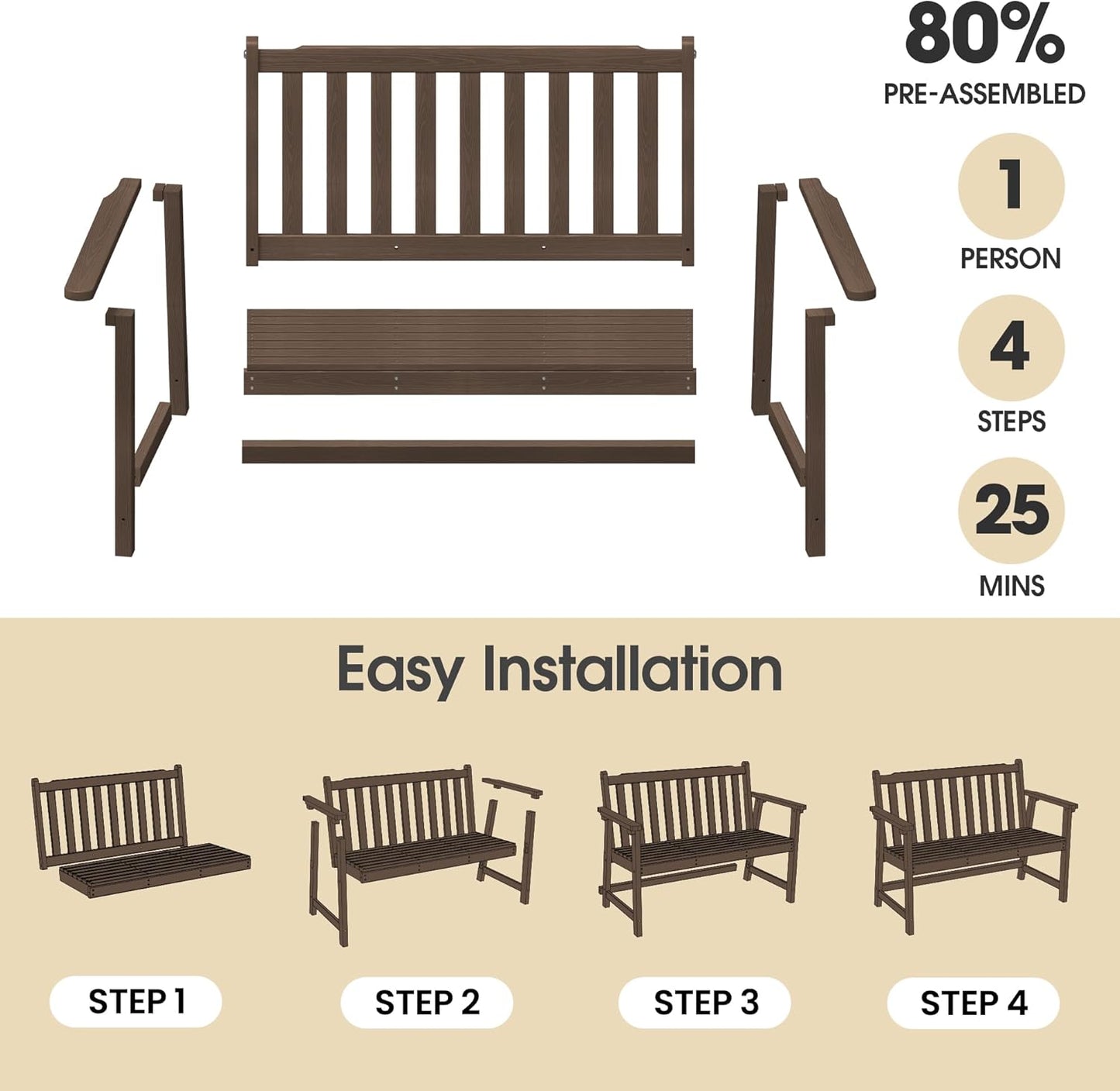 Ciokea 44" Outdoor Bench Set of 2, HDPE Weatherproof Garden Bench, 2-Person Memorial Benches with 550 Lbs, Waterproof Patio Porch Benches for Outside Business Deck Office Backyard Balcony, Brown