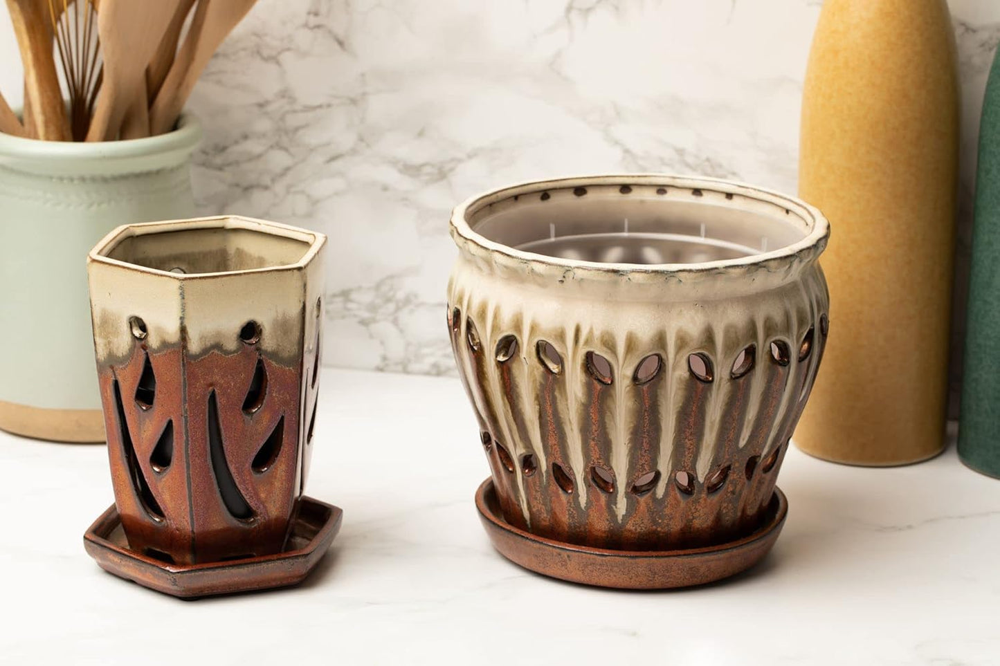 rePotme 4 x 6 inch Ceramic Orchid Pot (Cream Over Lavender) - Hexagon Orchid Pot with Holes