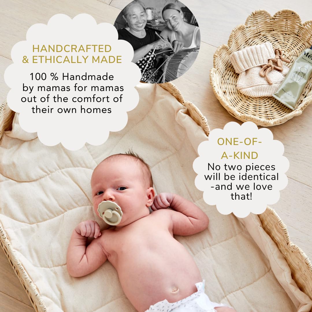 Bebe Bask Premium Baby Changing Basket - Artisan-Crafted Scalloped Rattan - Changing Basket for Baby Dresser - All Accessories Included - Complete Set for Nursery (Natural)