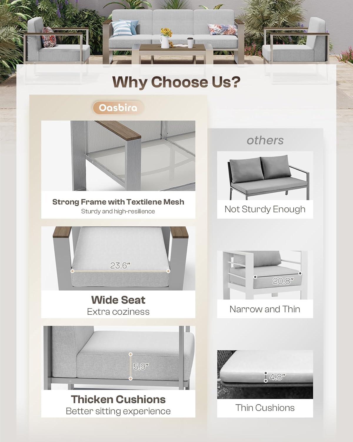 Outdoor Furniture Set, 4 Piece Aluminum Patio Furniture Set with Coffee Table, Wide Seat and Thick Cushions, Outdoor Patio Conversation Sets for Deck, Porch (LightGray)