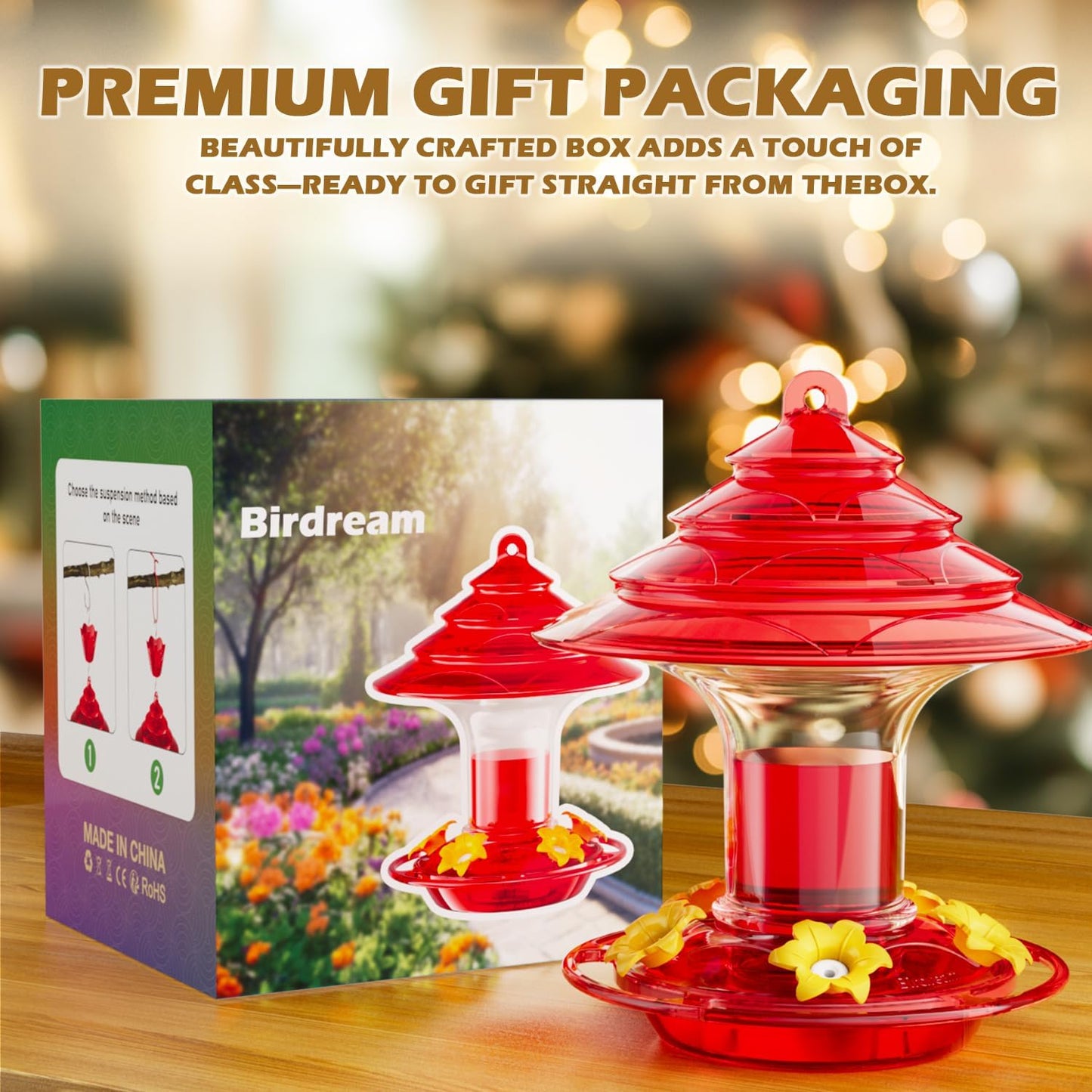 Birdream Hummingbird Feeder for Outdoors Hanging 40oz 10 Feeding Ports, 2 Pack Humming Bird Feeder with Ant Moat Brush Leak Proof - Red