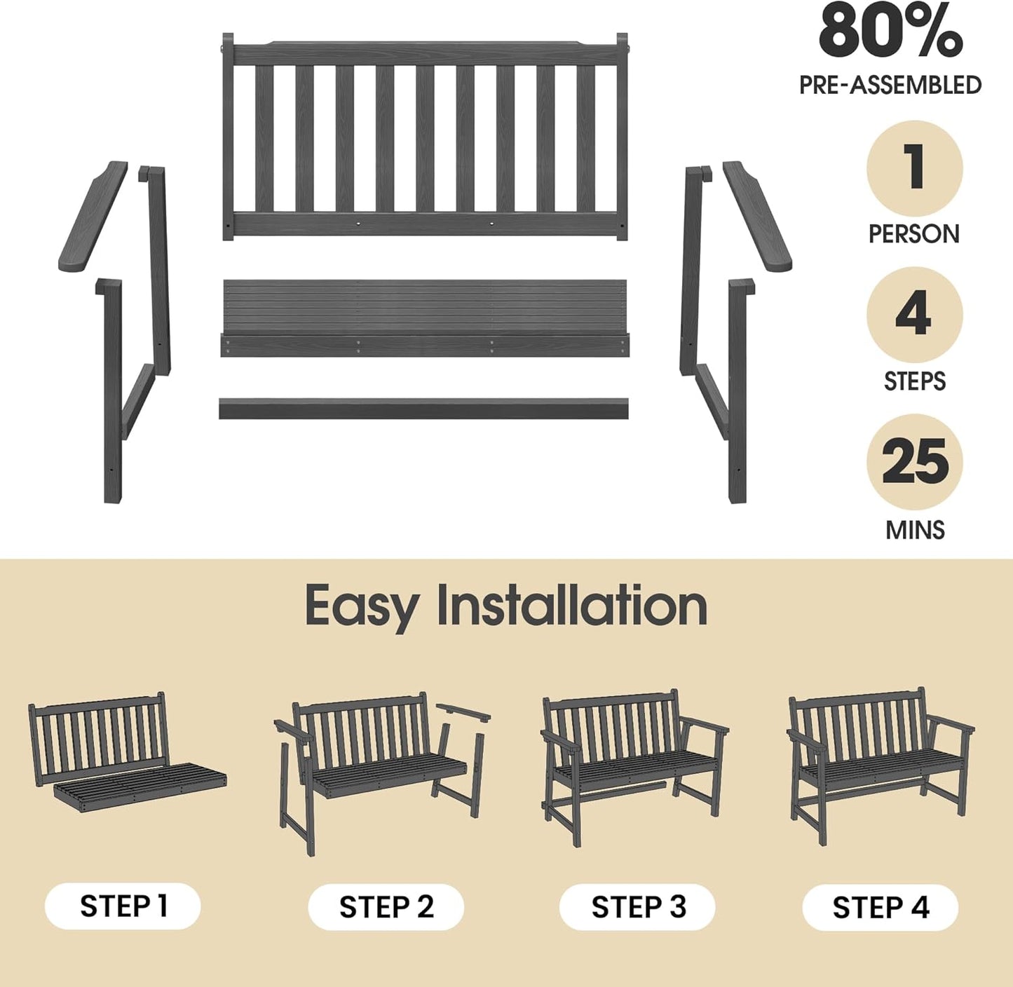 Ciokea 44" Outdoor Bench Set of 2, HDPE Weatherproof Garden Bench, 2-Person Memorial Benches with 550 Lbs, Waterproof Patio Porch Benches for Outside Balcony Deck Backyard, Dark Grey