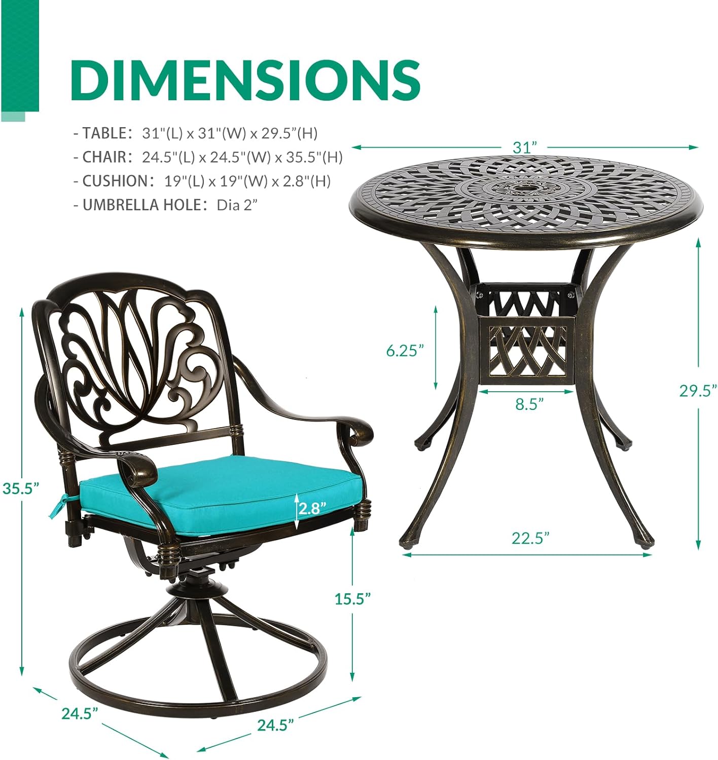 VIVIJASON 3-Piece Patio Furniture Dining Set, Outdoor All-Weather Cast Aluminum Bistro Set, Include 2 Swivel Chairs and 31" Round Table w/Umbrella Hole for Balcony, Lawn, Garden (Ocean Blue Cushion)