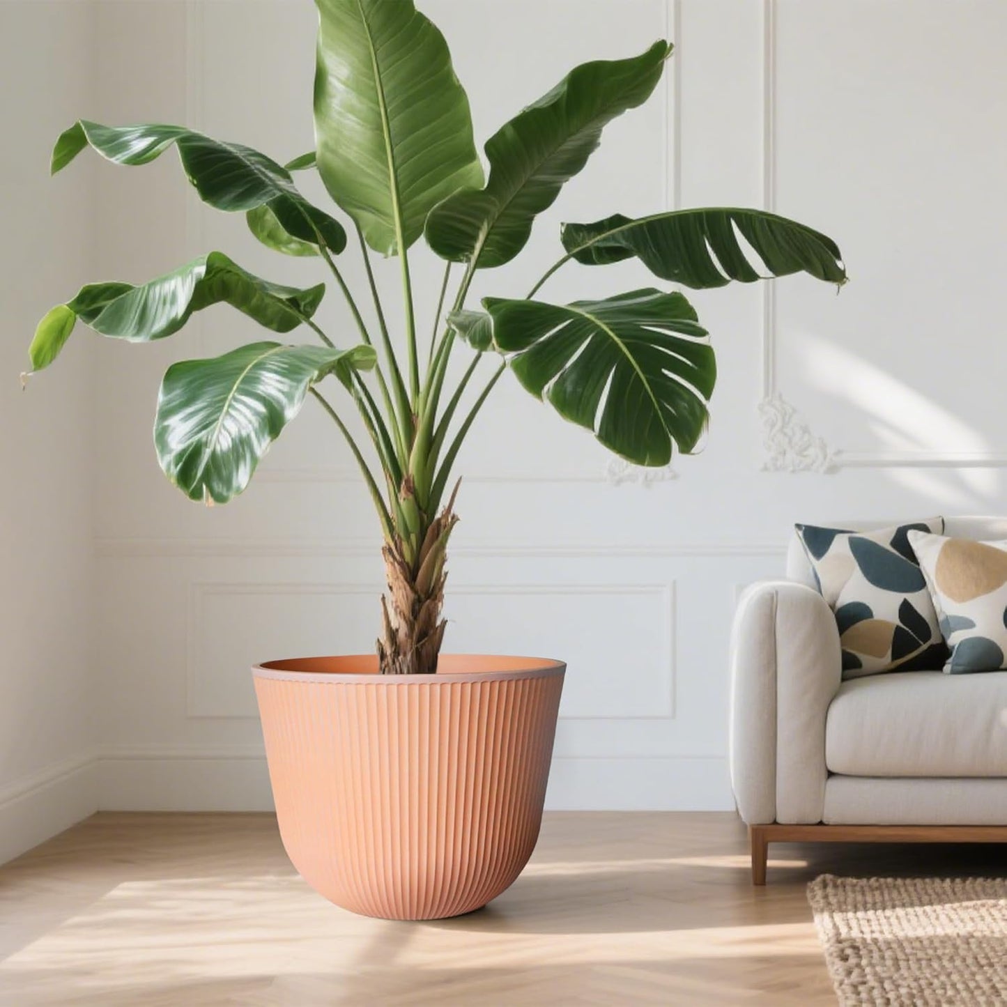 WORTH Garden Round Large Planter Pot 1-Pack, 17.5" Dia x 15.5" H - Durable Plastic Terracotta Plant Tree Pots with Vertical Stripe Textured Finish, Drainage Hole for Indoor Outdoor Front Porch Patio