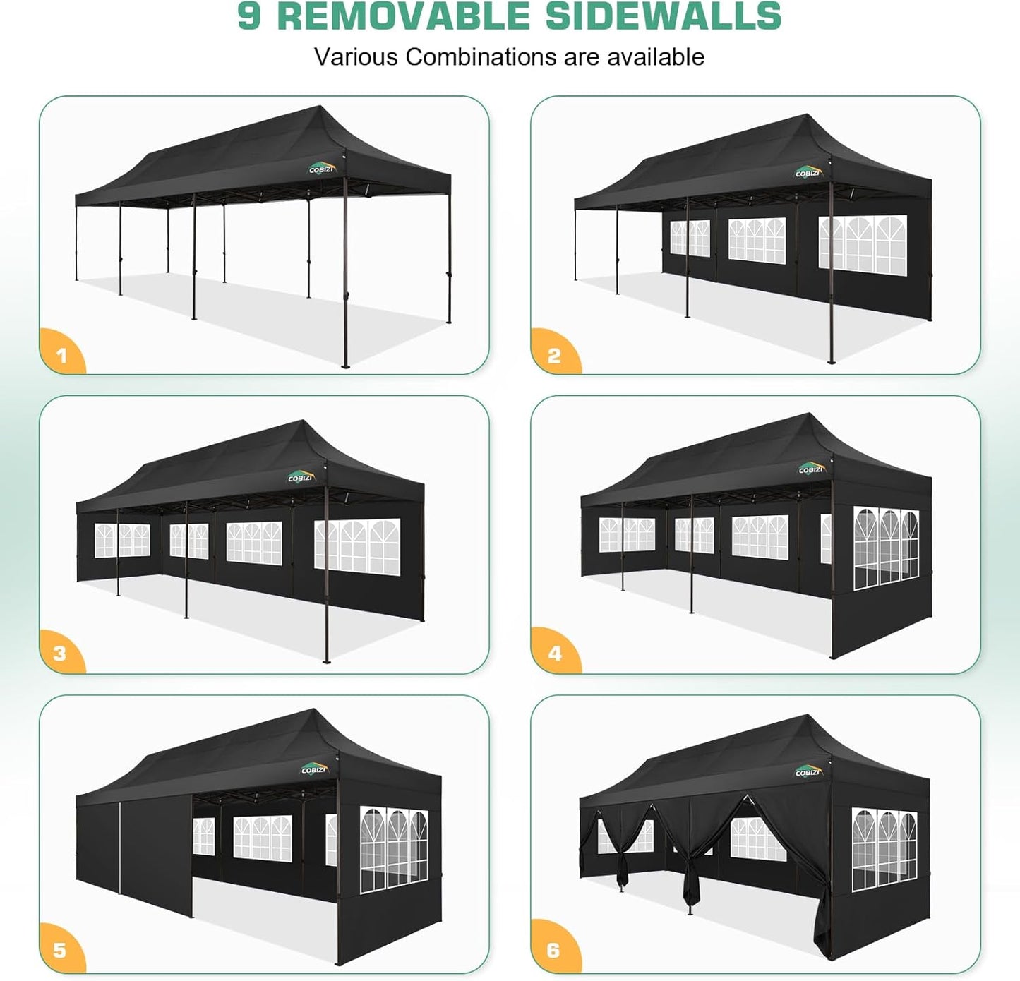 COBIZI 10x30 Pop Up Canopy Tent Heavy Duty with 8 Removable Sidewalls, Commercial Portable Tents for Parties Ez Up Canopy All-Weather Windproof & Waterproof and UPF 80+ Wedding Tent Sun Shelter