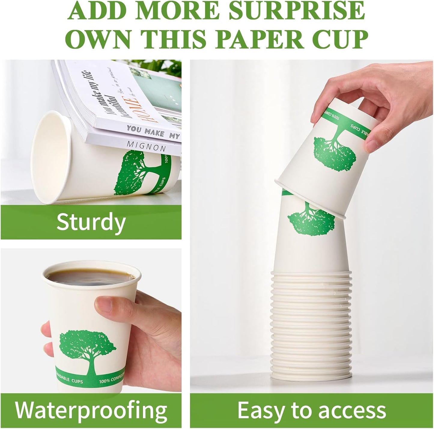 Vplus 270 Pack Compostable Paper Cups, 12 oz Biodegradable Disposable Paper Coffee Cups, Eco-friendly Hot Drinking Cups for Party, Picnic,Travel,and Events