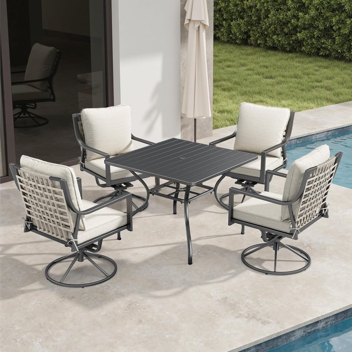 Patio Tables Outdoor Dining Table - Metal Coffee Tables with 2-Tier Storage Shelf 1.57" Umbrella Hole for Outside Proch Deck Balcony Garden Rectangle
