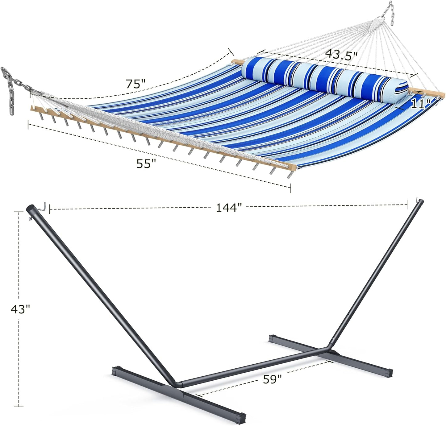Double Hammock with Stand for Outdoor, Heavy Duty Portable Hammock with Adjustable Steel Stand for Patio, Garden, Beach, Backyard - Includes Carrying Bag,Blue