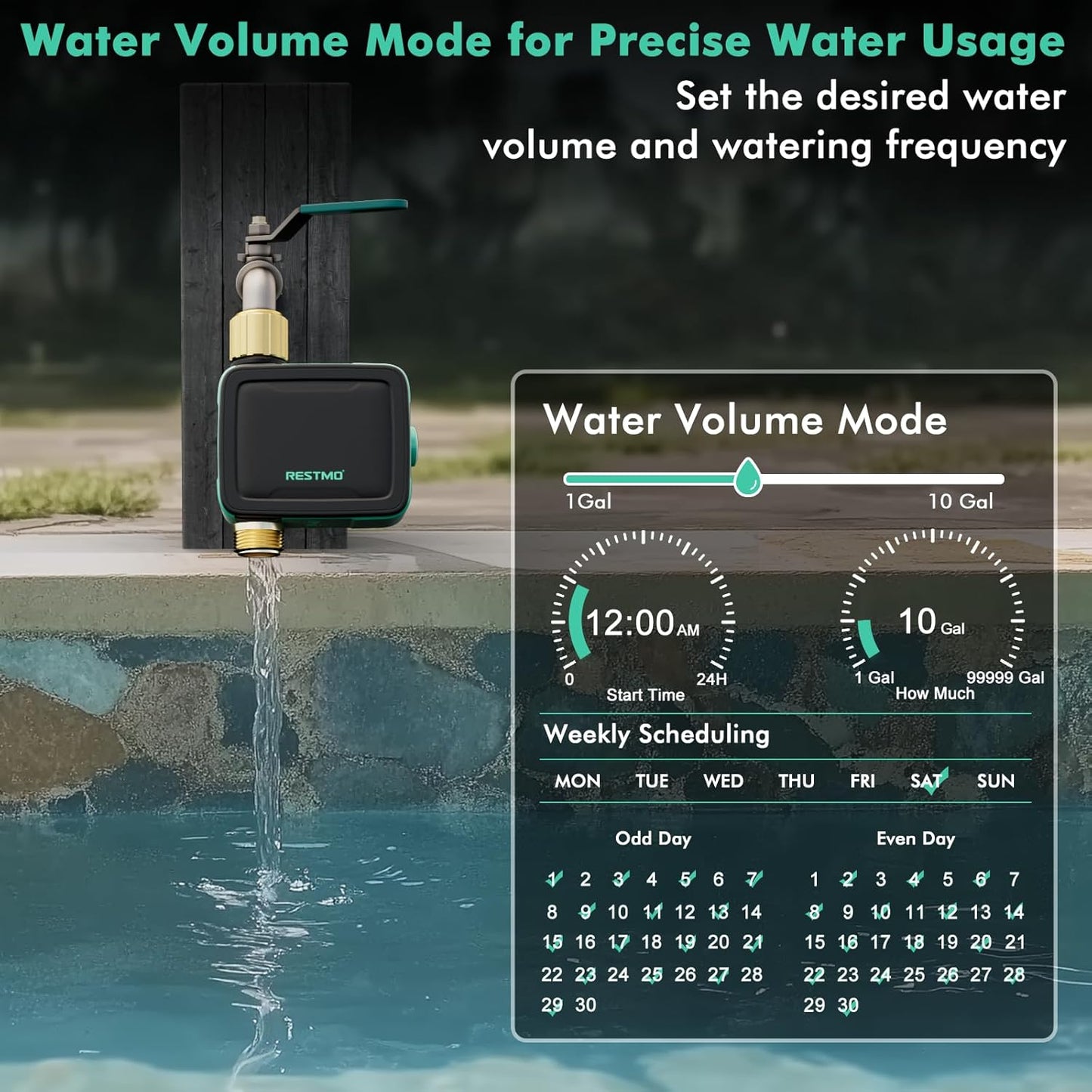 RESTMO Smart Sprinkler Timer with Flow Meter, Water Timer for Garden Hose, Brass Inlet & Outlet, Automatic Lawn & Yard Irrigation Watering System, APP Control (Bluetooth Connection, Not Include Hub)