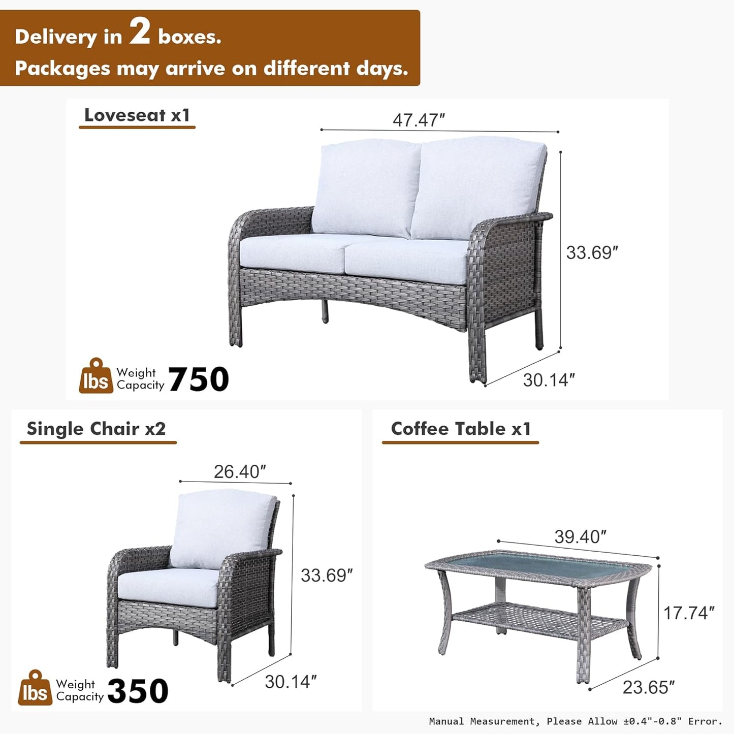 HOOOWOOO Patio Furniture Set,4 Pieces Outdoor Conversation Set,All Weather Wicker Loveseat Sofa Set with High Back Chairs Table,Light Gray