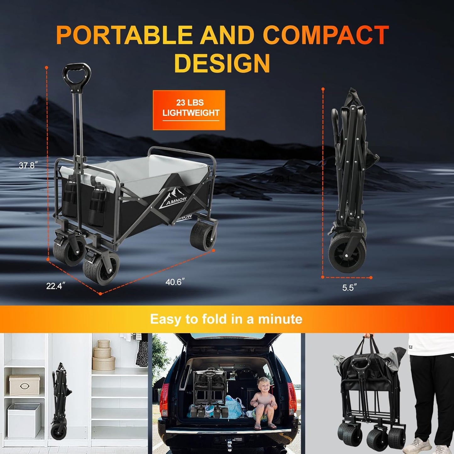 Collapsible Foldable Wagon, Utility Large Capacity Beach Wagon with Big Wheels, Shopping Cart with Side Pocket and Brakes for Sand, Garden, Grocery, Sports, Camping, Black