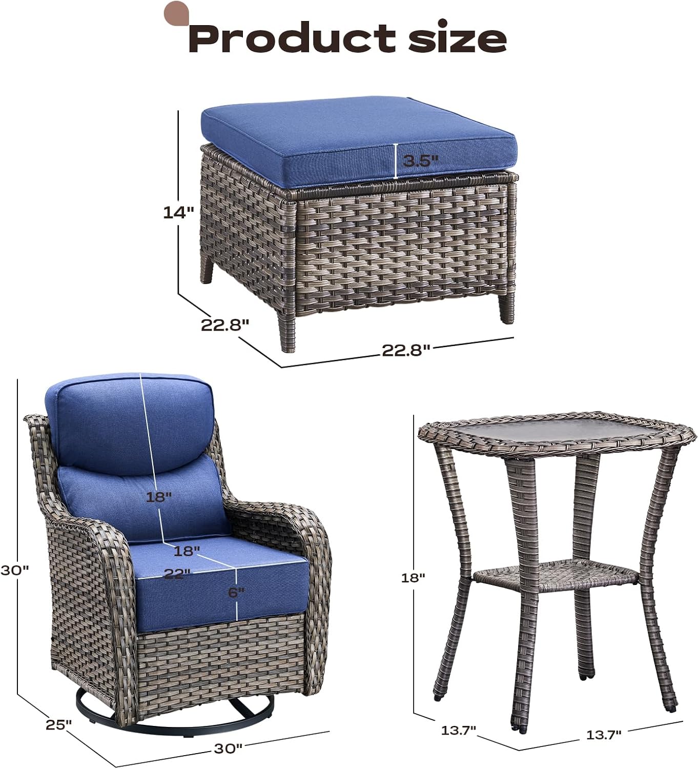 Wicker Outdoor Patio Furniture Set - 5 Piece Patio Conversation Sets with Swivel Rocker Chairs, Ottomans and Side Table, 6 inch Cushions, Waterproof Wicker, for Porch Deck Mixed Grey/Blue
