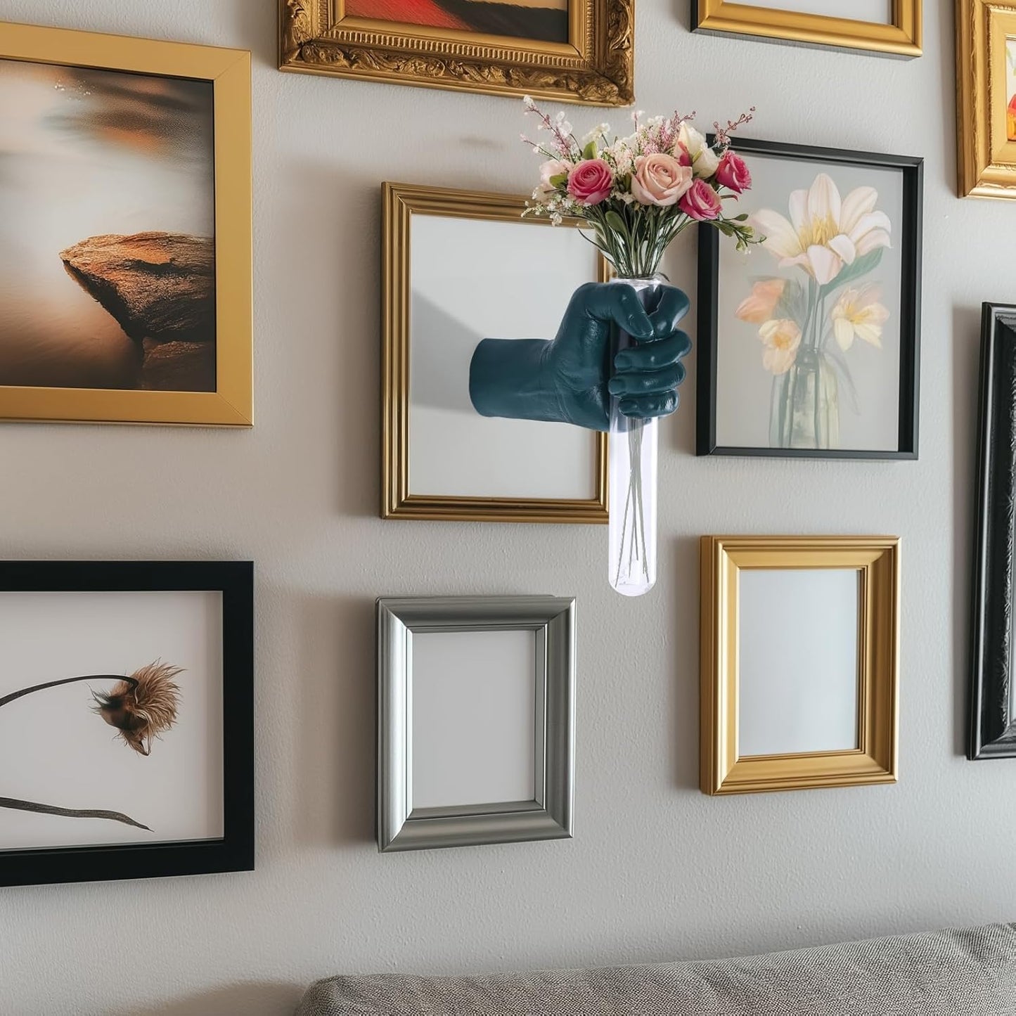 Green Wall Sculptures, Hand Vases Home Decor, Wall Mount Art Sculpture, Unique Wall Art Statue, Funky Flower Vase Decorations, Modern Eclectic Hanging Decor,Glass Test Tube Vase