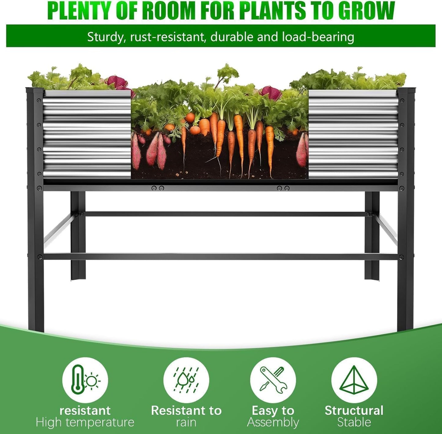 Doniks Raised Garden Bed with Legs, 48×48×32in Large Outdoor Metal Galvanized Garden Planting Box,1000lb Capacity for Vegetables Lawn Green Flowers, Fruits, Terrace