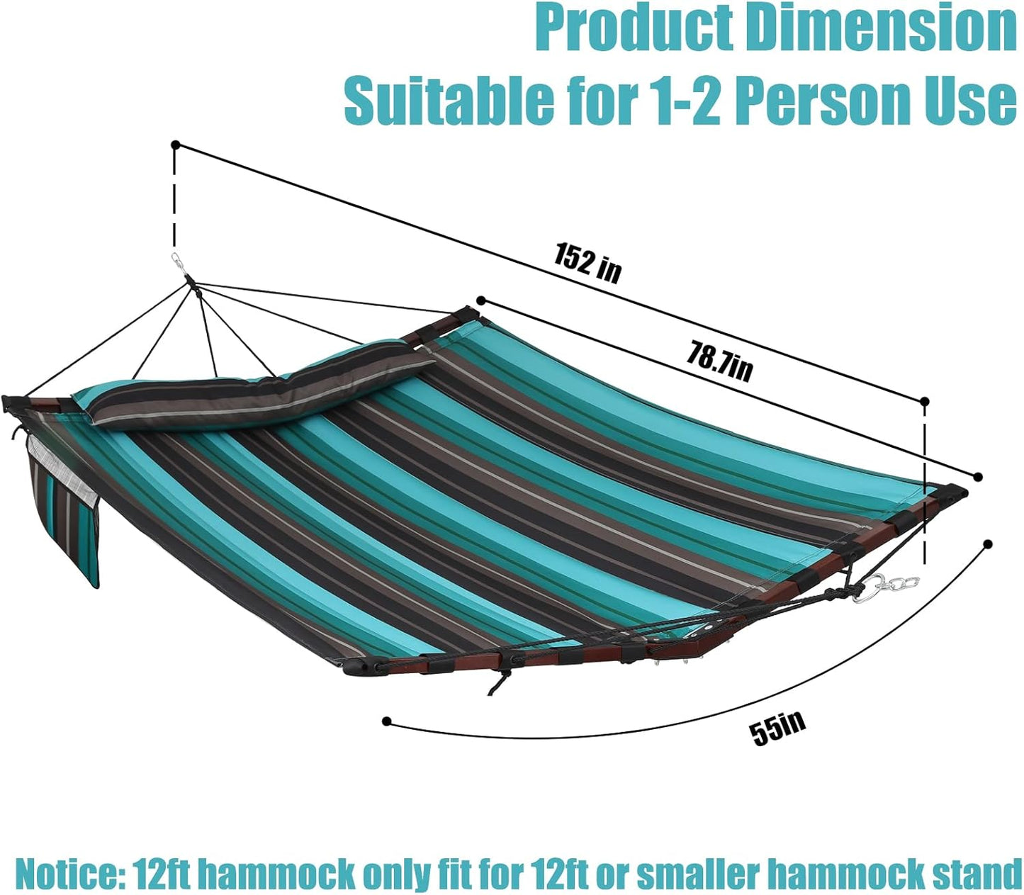 TegerDeger 12FT 2 Person Hammock Large Hammock 450LB Capacity with V Shaped Hardwood Spreader Bar & Nylon Rope for Outside, Patio, Garden, Backyard, Beach, Poolside - Teal Stripes